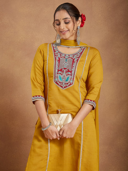 Janasya Women's Mustard Silk Blend Embroidered Straight Kurta Set
